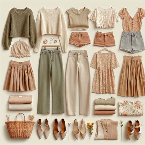 Casual Outfit For Home, Petite Romantic Style, Capsule Wardrobe Cottagecore, Cottagecore Wardrobe Essentials, Soft Summer Outfits Wardrobes, Soft Mom Aesthetic, Muted Autumn Outfit, Earth Tone Color Palette Outfit, Soft Autumn Outfit Ideas