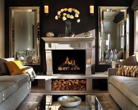 Terraced Penthouse - Contemporary - Living Room - London - by Zephyr Interiors | Houzz Fake Fireplace Mantel, Bungalow Living Room, Antique Mirror Tiles, London Living Room, Fake Fireplace, Stove Accessories, Kitchen Fireplace, Neutral Living Room, Home Fireplace