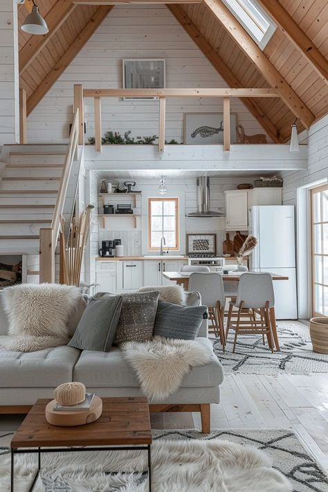 29 Small Cabin Interior Ideas for Cozy and Stylish Living 3 Small Cabin Interior Ideas, Scandinavian Chalet, Scandinavian Cabin Interior, Tiny Cabins Interiors, Cabin Interior Ideas, Modern Cabin Interior, Small Cabin Interiors, Scandinavian Cabin, Barndominium Interior