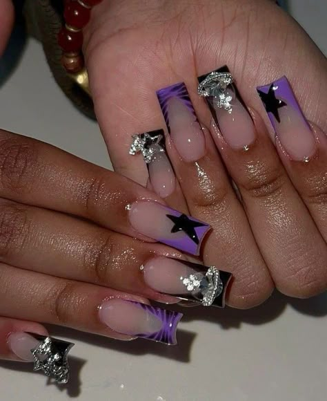 Purple Prom Nails Short, Short Nail Sets, Black And Purple Nails, Junk Nails, Purple Acrylic Nails, Hard Nails, Purple Nail Designs, Colored Acrylic Nails, Nails Design With Rhinestones