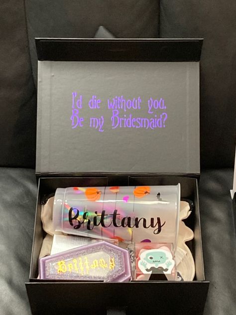 DIY gothic bridesmaid proposal boxes that I made thanks to Etsy! Tim Burton Black wedding Halloween wedding Gothic wedding Witch Bridesmaid, Gothic Bridesmaids, Diy Gothic, Wedding Gothic, Proposal Boxes, Wedding Halloween, Asking Bridesmaids, Proposal Box, Bridesmaid Proposal Box