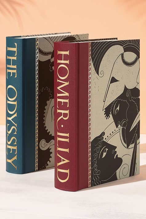 Beautiful collector's editions of Homer's The Iliad and The Odyssey are available at The Folio Society. Quarter-bound in buckram, translated by Robert Fagles and featuring colour illustrations by Grahame Baker-Smith, these are hardback books to treasure. The Iliad, Author Event, Book Cover Design Inspiration, Traditional Books, Folio Society, The Odyssey, Book Spine, Cool Books, Book Projects