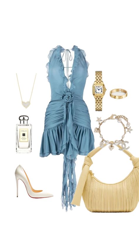 Blue Dress Gold Accessories, Fancy Fits, Heels Blue, Band Outfits, Clueless Outfits, Heels Gold, Glam Outfit, Cartier Watch, Dress Gold