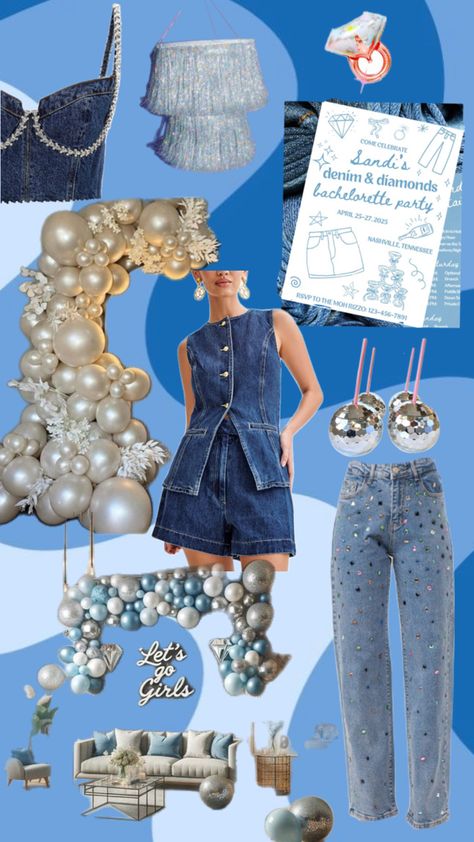 Pin shows a collage of diamond studded denim outfit options for a disco and denim bachelorette theme as well as decoration and invitation ideas. Jeans And Diamonds Theme, Diamonds And Denim Bachelorette, Denim Bachelorette, Glam Bachelorette, Diamond Theme Party, Denim And Diamonds Party, Jeans Decoration, Western Bachelorette Party, Theme Bachelorette Party