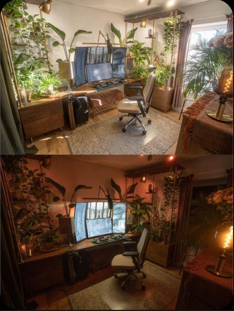 Brown Desk Gaming Setup, Industrial Gaming Setup, Classy Gaming Room, Nature Themed Gaming Setup, Earthy Gamer Setup, Academia Gaming Setup, Forest Aesthetic Living Room, Forest Pc Setup, Moody Gaming Room