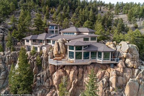 Living on the edge! Colorado Mansion built on side of MOUNTAIN goes up for sale at $5 million | Daily Mail Online Sunken Hot Tub, Evergreen Colorado, Indoor Waterfall, Cliff House, Bear Mountain, Living On The Edge, Jodie Foster, Mansions Luxury, Mountain Homes