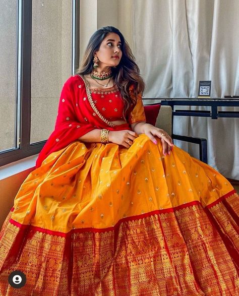 Plus Size Half Saree, Kanjivaram Silk Lehenga, Latest Half Sarees Weddings, Lehenga With Pattu Saree, Dress Outfits Party Wedding, Lehanga Designs Pattu, Lehanga Photo Poses Traditional, Yellow Half Saree Designs, Latest Half Saree Designs Simple