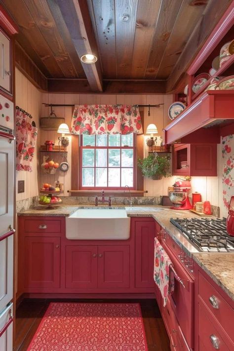 cute pink and red kitchen strawberry theme Fruit Theme Kitchen Decor, Fruit House Decor, Pink Strawberry Kitchen, Vintage Modern Kitchen Ideas, Strawberry Kitchen Decor Ideas, Vintage Strawberry Decor, Red Retro Kitchen, Vintage Strawberry Kitchen, Grandmas Kitchen Aesthetic