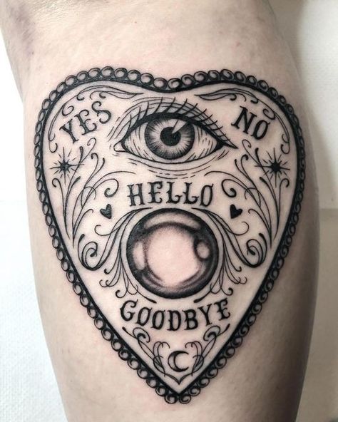 HAMMERSMITH TATTOO LONDON | WALK-IN TATTOO | CUSTOM TATTOO on Instagram: "Ouija Eye Board Tattoo by @freakyamandine 👁️  To book your fine line tattoo in London with Amandine contact her directly or send us a message⚡️  ✖️ @freakyamandine   ✖️ @hammersmith_tattoo_london   #tattoo  #ouija  #ouijaboard  #ouijaboardtattoo  #ouijaheart  #ouijahearttattoo  #ouijatattoo  #ouijaeye  #ouijaeyetattoo  #londontattoo  #fineline  #finelinetattoo  #finelinetattoolondon  #tattoolondon  #hammersmith  #hammersmithtattoo  #london" Moth Planchette Tattoo, Your Throat Here Tattoo, Giulia Tofana Tattoo, Hecate Key Tattoo, Traditional Fortune Teller Tattoo, Crystal Ball Tattoo Design, Fine Line Gothic Tattoo, Witchy Wrist Tattoo, Ouji Tattoos