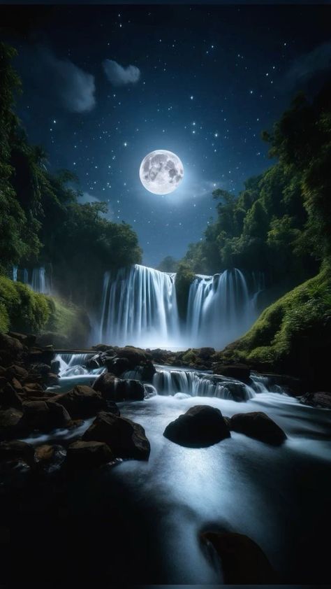 Night Forest Photography, Moonlit Waterfall, Waterfall At Night, Night Waterfall, Wash Shower Curtain, Wallpaper Marble, Paint Decor, Marble Sticker, Waterfall Pictures