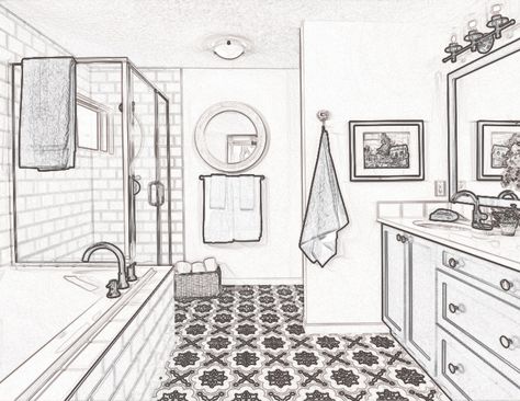 Bathroom One Point Perspective, Bathroom Sketch Drawing, Bathroom Perspective Drawing, Water Closet Decor, One Point Perspective Room, Bathroom Sketch, Markers Drawing Architecture, Autocad Layout, Bathroom Drawing