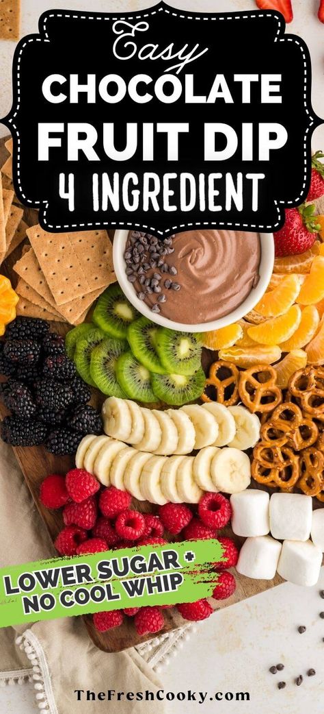 This 4-ingredient chocolate fruit dip is healthier than most, lower in sugar and made without Cool Whip. Great for dipping fruit, crackers and more. Perfect sweet dip for game day, the holidays or anytime you want a fun, after-school snack dip. Recipe via @thefreshcooky #chocolatedip #fruitdiprecipe Fruit Dip With Cream Cheese, Marshmallow Fluff Recipe, Chocolate Fruit Dip, Fruit Dip Recipe, White Hot Chocolate Recipe, Party Dip Recipes, Fruit Dips Recipes, Chocolate Dipped Fruit, Fluff Recipe