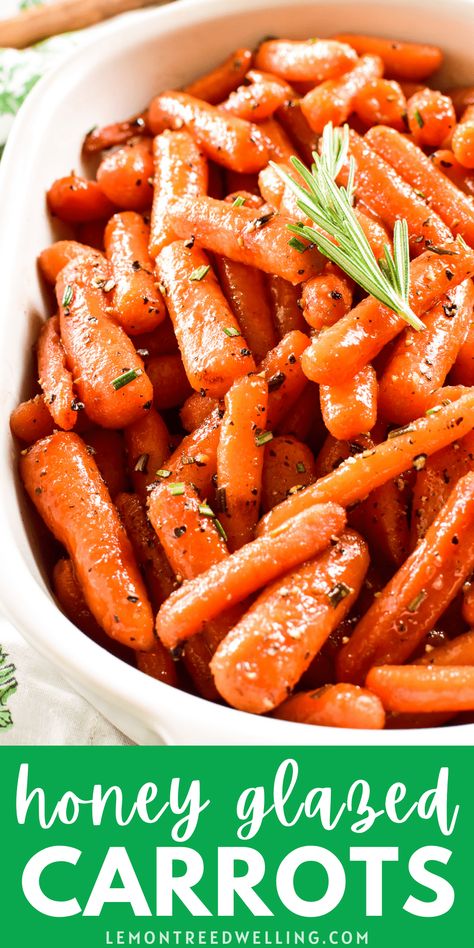 Honey Glazed Carrots make a delicious side dish for any meal. Fresh baby carrots tossed in a savory sweet honey butter glaze and roasted to perfection... they're surprisingly addictive and perfect for the holidays! How To Cook Baby Carrots, Baked Baby Carrots, Baby Carrots Side Dish, Easy Honey Glazed Carrots, Cooked Baby Carrots, Honey Butter Glaze, Honey Glazed Carrots Recipe, Honey Glazed Roasted Carrots, Carrot Recipes Side Dishes