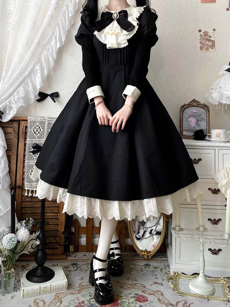 This price includes a dress, an apron and a bowknot jabot. SizeSMLXLBust84889296Full Length105106107108Waist65697377Sleeve Length5858.55959.5Hem Circumference275280285290 French Artist Aesthetic Outfit, High Guardian Spice Redesign, Kawaii Black Dress, Different Goth Styles, Cute One Piece Dress, Cute Black Dresses, Black Cute Dress, Witchcore Fashion, Cute Outfits Dresses