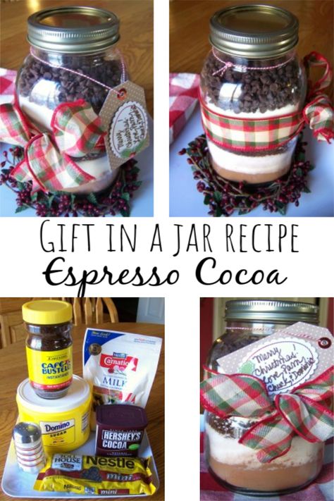 Gift in a Jar Recipe: Espresso Cocoa - Housewives of Frederick County Layered Recipes, Cocoa In A Jar, Hot Cocoa Drink, Mason Jar Gifts Recipes, Jar Christmas Gifts, Food In A Jar, Jar Gift Ideas, Easy Diy Gift Ideas, Gift In A Jar