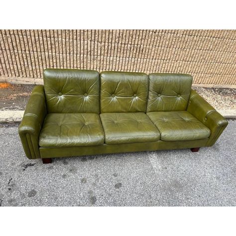 Mid Century Green Leather Tufted Upholstered Sofa Well made Sturdy  comfortable .  Approximate measurements:  Height 24” width 77” depth 30”. Floor to Seat 14”. Floor to arm 21” Green Leather Couch Living Room, Vintage Green Couch, 70s Interior Design Mid Century Modern, Moss Green Sofa, Green Leather Couch, Interior Design Mid Century Modern, Mid Century Leather Sofa, Retro Couch, Mid Century Couch