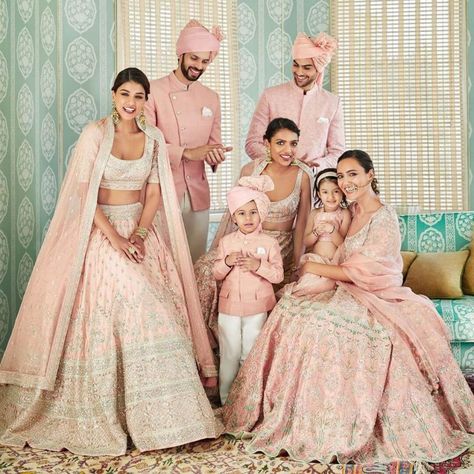 Where To Buy Indian Wear For Kids For This Wedding Season? Family Matching Outfits Indian, Anita Dongre Bridal, Anita Dongre Lehenga, Wedding Matching Outfits, Bride Maids, Pink Bridal Lehenga, Wedding Dresses For Kids, Ritu Kumar, Anita Dongre