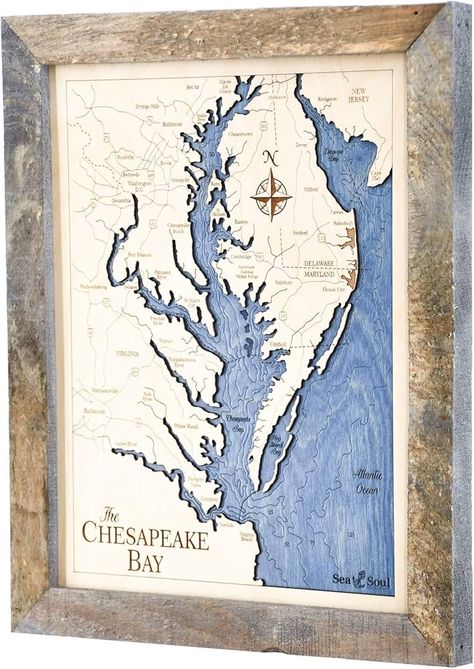 Amazon.com: Sea & Soul Chesapeake Bay Nautical Chart Art, Made in the USA, 3D Wood Map, 3-D Nautical Wood Chart, Wood Wall Art 13”x16”, Lake Art, Nautical Gift, Coastal Decor (Rustic Pine/Deep Blue) : Home & Kitchen Nautical Map, Wood Map, Map Wall Decor, Nautical Chart, Nautical Gifts, Lake Art, Nautical Wall, Chesapeake Bay, 3d Wall Art