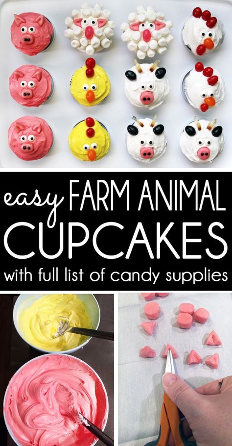 You'll be mom-of-the-year when you make these easy farm animal cupcakes. This post has the full list of candy ingredients and some helpful tips for creating these simple but adorable pig cupcakes, sheep cupcakes, chicken cupcakes, cow cupcakes, and rooster cupcakes! #partyideas #farmparty #barnparty #cupcakes #birthday #kidsbirthdayparty #kidsbirthday #kidsbirthdayideas Easy Farm Cupcakes, Rooster Cupcakes, Animal Cupcakes Easy, Farm Cupcakes, List Of Candy, Farm Animal Birthday Party, Chicken Cupcakes, Cow Cupcakes, Sheep Cupcakes