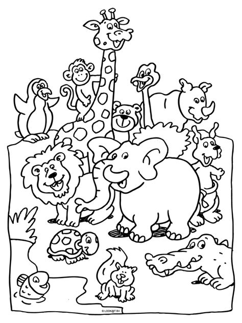 Kleurplaat Dieren in de dierentuin - Kleurplaten.nl Jungle Coloring Pages, Zoo Coloring Pages, Zoo Animal Coloring Pages, Kids Zoo, In The Jungle, Free Printable Coloring, Animal Coloring Pages, Jungle Animals, Safari Animals