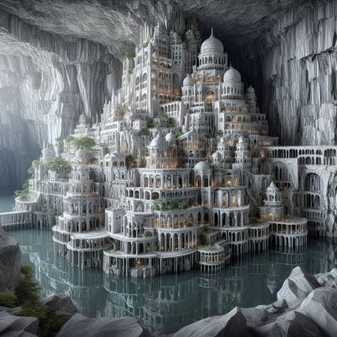 Fantasy Places City, Underground City, Hidden City, Arte Alien, Dragon City, Location Inspiration, Fantasy House, Fantasy City, Fantasy Castle