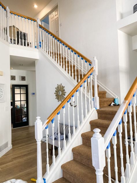 Refinishing Stair Railing, How To Paint Stair Spindles, Paint Stair Railing, Banister Painting, Blue Banisters Vinyl, Painted Banister Ideas, How To Replace Banister Spindles, Bannister Ideas Painted, How To Replace Stair Spindles