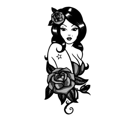 Small Pinup Tattoo, Black And White Pinup Tattoo, Plus Size Pinup Tattoo, Pinup Tattoo Traditional, Goth Pinup Tattoo, American Traditional Pinup, Traditional Pinup Tattoo, Next Level Tattoo, Pinup Tattoos