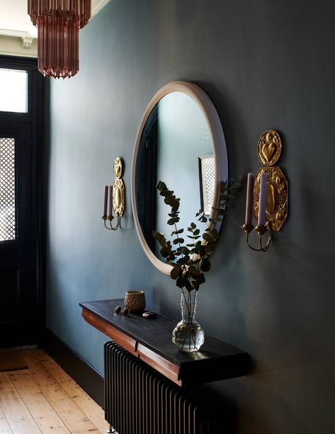 Classic Hallway, London Terrace House, Bright Paint Colors, Oval Room Blue, Dark Hallway, Grand Hall, Hallway Design, Bright Paintings, London House