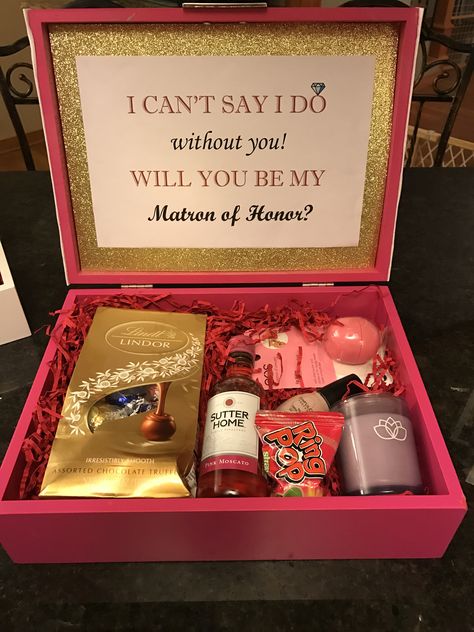 The "Will you be my Matron of Honor" box I made for my Matron of Honor!  #wedding #maidofhonor #willyoubemymatronofhonor #willyoubemymaidofhonor #matronofhonor #bridesmaids #love Bridesmaids Gifts Will You Be My, Diy Asking Bridesmaids To Be In Wedding, Will You Be My Maid Of Honor Ideas Bridesmaid Boxes, Diy Maid Of Honor Proposal Ideas, What To Put In Maid Of Honor Proposal Boxes, Will You Be My Made Of Honor, Made Of Honor Box Ideas, Matron Of Honor Proposal Ideas, Will You Be My Bridesmaid Gifts Ideas