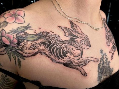 A decay & regrowth rabbit duo for KP #illustrativetattoo #bayareatattoo #rabbittattoo | Instagram Masculine Rabbit Tattoo, Water Ship Down Rabbit Tattoo, Evil Rabbit Tattoo, Rabbit Chest Tattoo, Rabbit Skeleton Tattoo, Medieval Animal Tattoo, Creepy Rabbit Tattoo, Bunny Head Tattoo, Rabbit Paw Tattoo