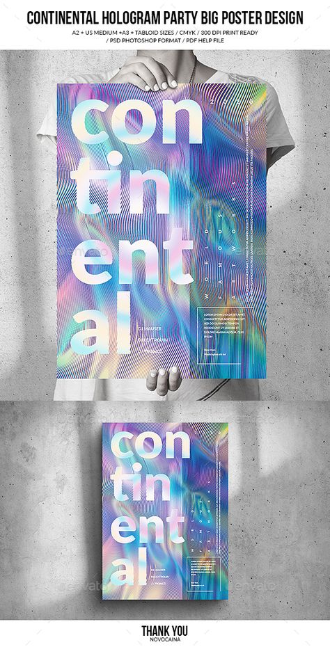 Continental Hologram Party Big Poster Design Hologram Design Ideas, Hologram Poster Design, Hologram Graphic Design, Holographic Graphic Design, Text Poster Design, Party Graphic Design, Metallic Poster, Hologram Design, Moving Poster