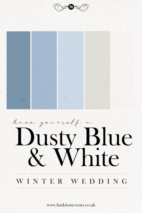 Can’t decide on which colours to pick for your winter wedding? If you like our dusty blue & white theme, you take a look at more of our top colour picks here! #winterwedding #weddingtheme #weddingcolours #weddingcolourschemes #bluewedding #weddingplanning Winter Blue And White Wedding, Winter Dusty Blue Wedding, Christmas Decor Blue And White, Winter Wedding Light Blue, Dusty Blue And White Wedding Theme, Dusty Blue Wedding Theme Color Schemes, Blue Winter Wedding Theme, Ice Blue Winter Wedding, Dust Blue Wedding