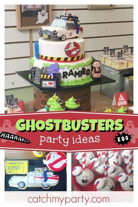 Ghostbuster Party Food, Ghostbusters Party Food, Ghostbusters Party Ideas, Ghostbusters Birthday Cake, Ghostbuster Halloween, Ghostbusters Cake, Ghost Busters Birthday Party, Easy Kids Party, Ghostbusters Birthday