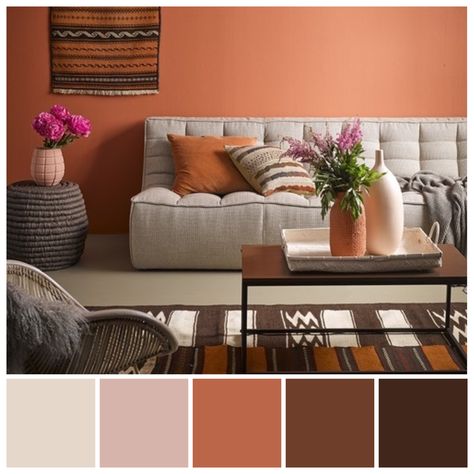 This monochromatic room works pretty well in the space. It feels very earthy and makes the room feel cozy. Terracotta Living Room, Monochromatic Room, Color Palette Living Room, Warm Color Schemes, Living Room Orange, Monochromatic Color Scheme, Room Color Schemes, Decoration Inspiration, Styl Boho