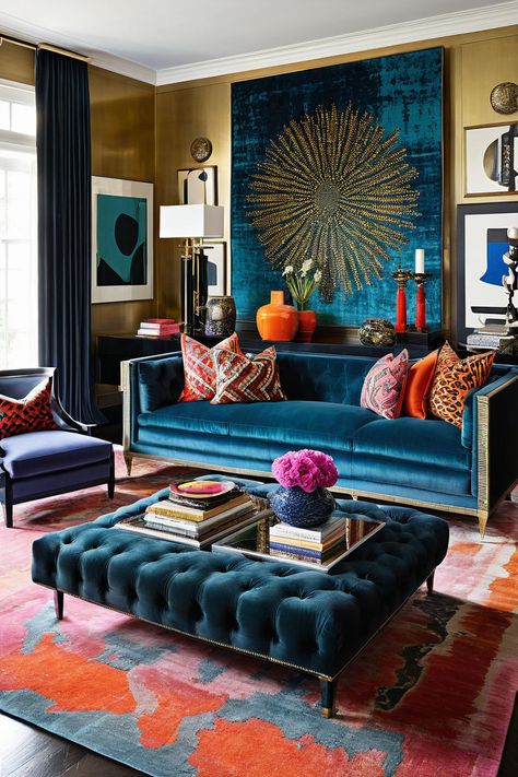 Blue and orange eclectic living room. How to Decorate in an Eclectic Style That Does Not Look Cheap. Eclectic decor. Eclectic home. Eclectic maximalism. Colorful eclectic home. Blue And Fuschia Living Room, Formal Family Room, Blue Carpet Living Room, Blue And Orange Living Room, Decor Vision Board, Eclectic Vintage Decor, Colorful Eclectic Home, Boho Glam Home, Maximalist Interior Design