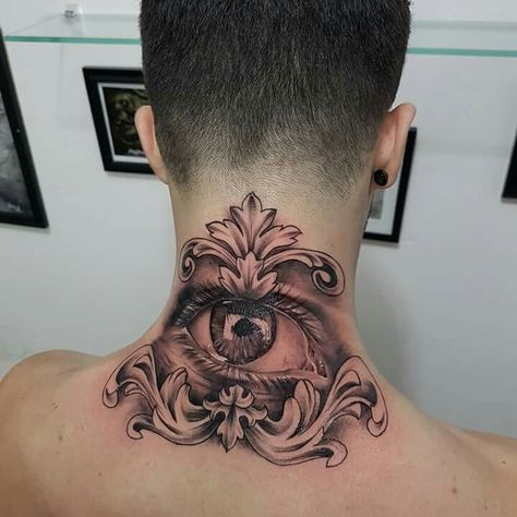 Eye Neck Tattoo Men, Eye Tattoo On Neck, Eye Tattoo Neck, Back Neck Tattoo Men, Eye Neck Tattoo, Back Of Head Tattoo, Neck And Throat Tattoos Men, Back Of Neck Tattoo Men, Aztec Tattoos Sleeve