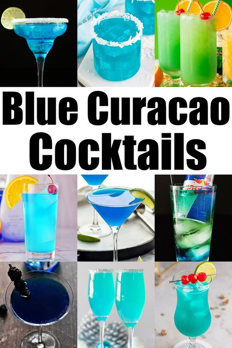 A photo collage showing nine different blue cocktails. Bold text in the middle reads "Blue Curacao Cocktails". Vodka And Blue Curacao Drinks, Blue Mimosa Recipe, Cocktails With Blue Curacao, Blue Hawaiian Drink, Curacao Drink, Blue Curacao Drinks, Curacao Vacation, Hawaiian Drinks, Blue Curacao Liqueur