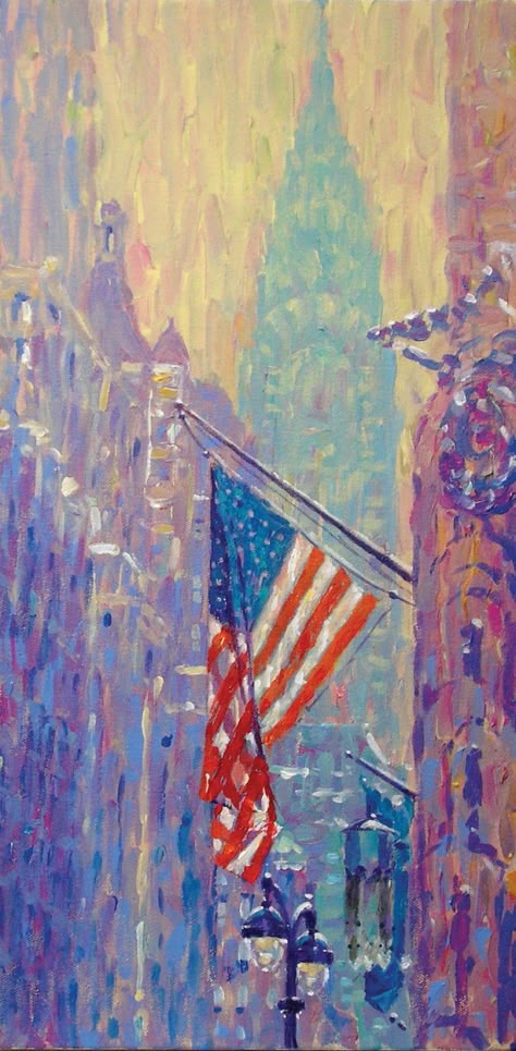 "\"American Flag and Chrysler Building, View from Lexington Ave.\" is a fine art giclée print of an original painting by Robert Padovano. This painting depicts the American Flag hanging from the facade of the GE Building on Lexington Ave. in Manhattan in the bright afternoon light. Really wanted an Impressionistic effect with this one, keeping the brush stokes very thick and the background buildings diffused to accentuate the bold colors of the flag. I love the effect of the translucent folds of Us Flag Art, Abstract American Flag Painting, America Painting, American Flag Artwork, Cabin Painting, Old American Flag, Bookmark Images, Flag Artwork, American Flag Painting