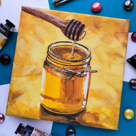 Honey Painting Art, Honey Acrylic Painting, Yellow Acrylic Painting Ideas, Yellow Canvas Painting Ideas, Honey Bee Painting Acrylic, Yellow Painting Ideas On Canvas, Bee Painting Acrylic, Honey Painting, Honey Bee Painting