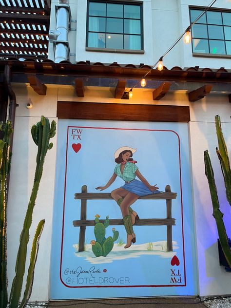 Cowgirl mural, Hotel Drover, queen of hearts mural, western painting, cactus, blue and green painting Cowgirl Mural, Western Wall Mural, Western Airbnb, Western Mural, Painting Cactus, Office Paint, Green Painting, Western Paintings, Mobile Boutique