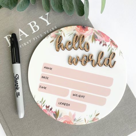 Acrylic Birth Announcement, Wooden Memory Box, Diy Nursery Decor, Birth Announcement Girl, Chalk Markers, Hello World, Baby Scrapbook, Eucalyptus Leaves, Newborn Photo Props