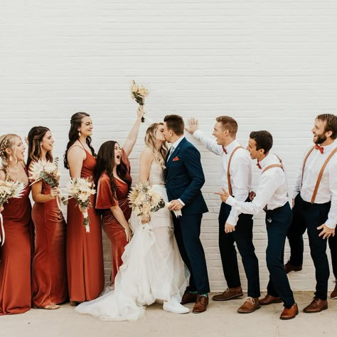 Rust Bridesmaid Dress With Groomsmen, Cinnamon And Gem Wedding, Davids Bridal Cinnamon Wedding Party, Cinnamon Bridesmaids Dresses, Cinnamon Bridesmaid Dresses With Groomsmen, Fall Wedding Bridesmaids And Groomsmen, Cinnamon Dress Wedding, Cinnamon Groomsmen Attire, Bridal Party Colors Fall