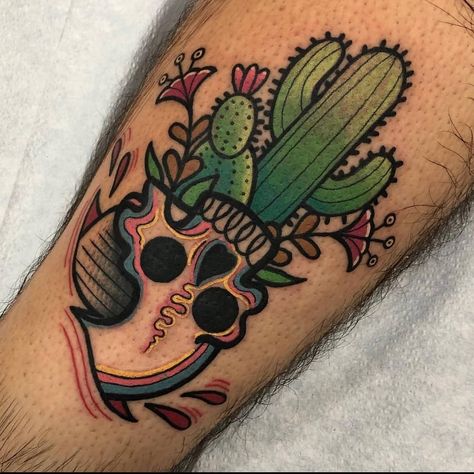 Cactus Leg Tattoo, Old School Cactus Tattoo, Skull With Cactus Tattoo, Cactus Tattoo Sleeve, Simple Cactus Tattoo, Traditional Cactus Tattoo, Cactus Tattoo Design, Cactus Sleeve, Dave Tattoo