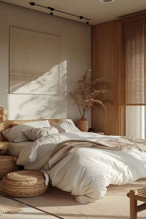 Natural Scandinavian Bedroom, Japandi Bedroom Curtains, Japandi Inspired Bedroom, Japandi Diy, Japandi Small Bedroom, Japanese Scandinavian Interior, Japandi Bed, Small Bedroom Interior Design, Bedroom Scandinavian Style