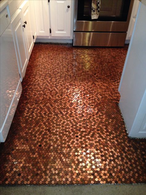 My penny floor!! Copper Penny Floor, Penny Floor Designs, Bathroom Exterior, Penny Tiles Bathroom, Exterior Flooring, Penny Tile Floors, Penny Floor, Old Wooden Crates, Cheap Flooring