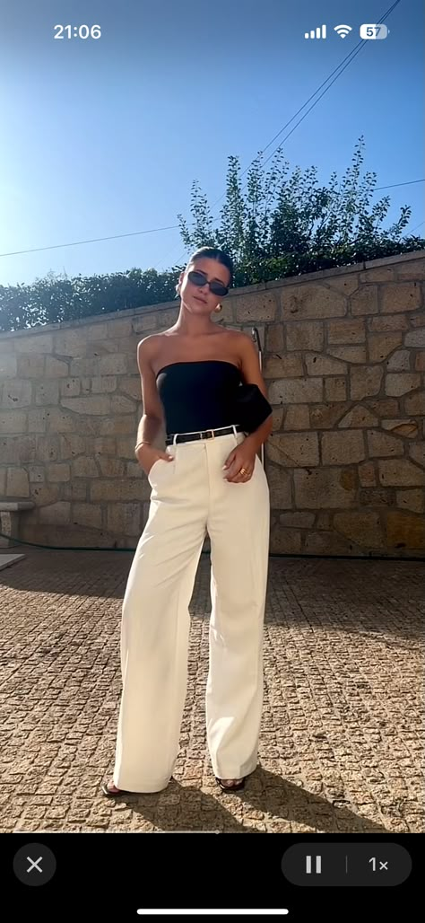 White Fitted Pants Outfit, White Tie Up Heels Outfit, Summer Drinks Outfit Casual, Italy Outfit Ideas Spring, Satin Tube Top Outfit, Las Vegas Outfit Spring Casual, White Suit Pants Outfit, Chic Vacation Outfits Summer, White Pointed Heels Outfit