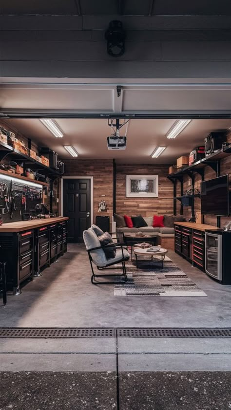 Back Garage Ideas, Garage And Man Cave Combo, Chic Garage Ideas, Rustic Garage Ideas Interior, Garage Mens Cave Ideas, Garage Cave Man Ideas, Garage Bar Decor Ideas, Turning Garage Into Office, Finished Garage Ideas Man Cave