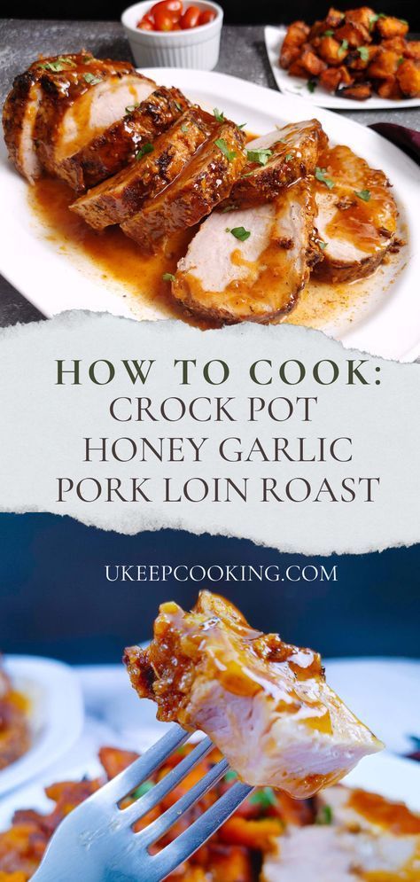 Indulge in the juiciest Crock Pot Honey Garlic Pork Loin Roast that's bursting with flavor! This easy recipe promises tender pork infused with a delectable honey garlic glaze, perfect for busy weeknights or cozy family dinners. Let your slow cooker do the work while you savor the irresistible aroma and enjoy a hassle-free meal! Honey Garlic Pork Loin, Pork Loin Roast Crock Pot, Garlic Pork Loin, Pork Lion Recipes, Honey Garlic Glaze, Pork Loin Crock Pot Recipes, Pork Roast Crock Pot Recipes, Honey Garlic Pork, Slow Cooker Pork Loin