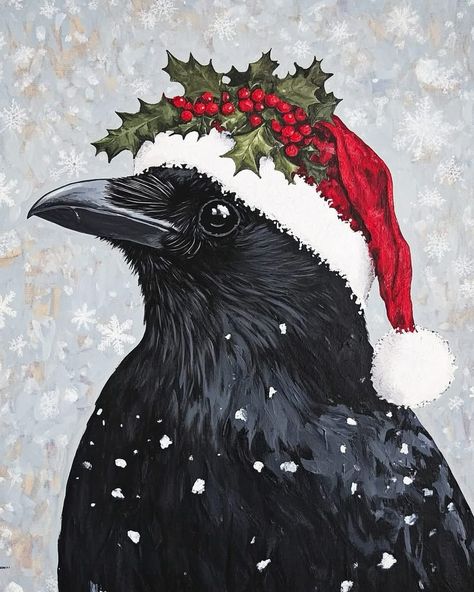 Instagram Winter Bird Art, Raven Painting, Seasonal Artwork, Raven Decor, Gothic Winter, Handmade Stationary, Watercolor Holiday, Ornaments For Christmas Tree, Festive Attire