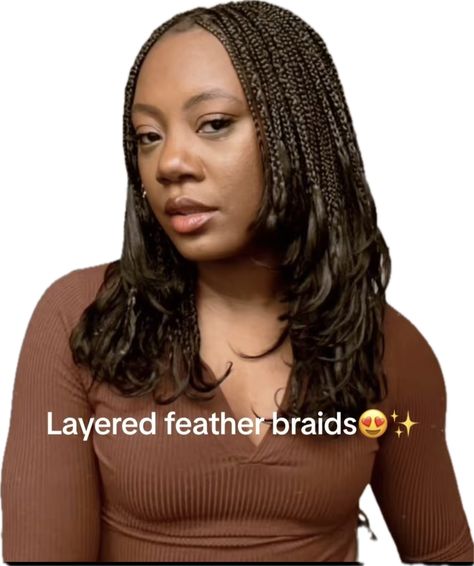 Own Hair Braids Black Women, Yaki Pony Style Braids, Box Braids Small Parts, Short Feather Braids, Layered Bob Braids, Feathered Braids Black Women, Layered Feathered Braids, Short Layered Braids, Wolfcut Braids